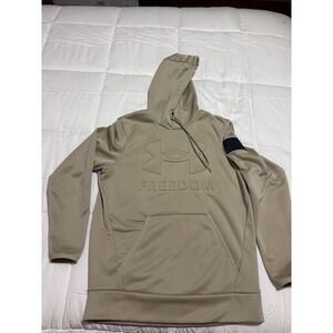Under Armour Freedom Hoodie Mens Small Khaki Tan Embossed Logo Flag Patch Fleece